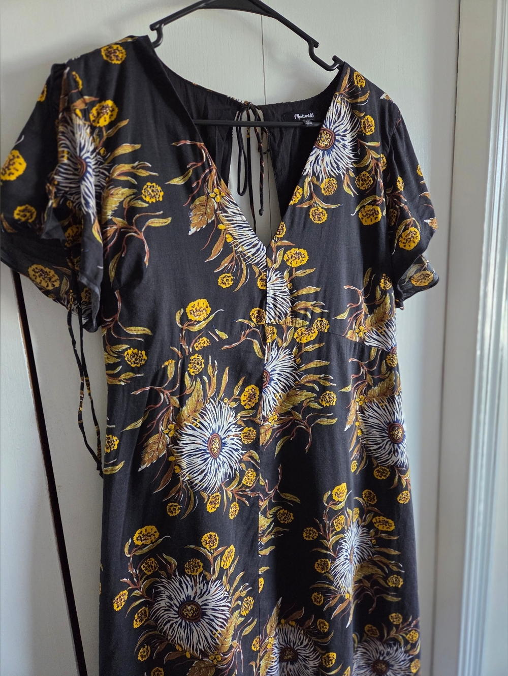 Madewell Black Floral V-Neck Dress with Yellow Accents